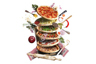 Different varieties of pizza and pizza ingredients